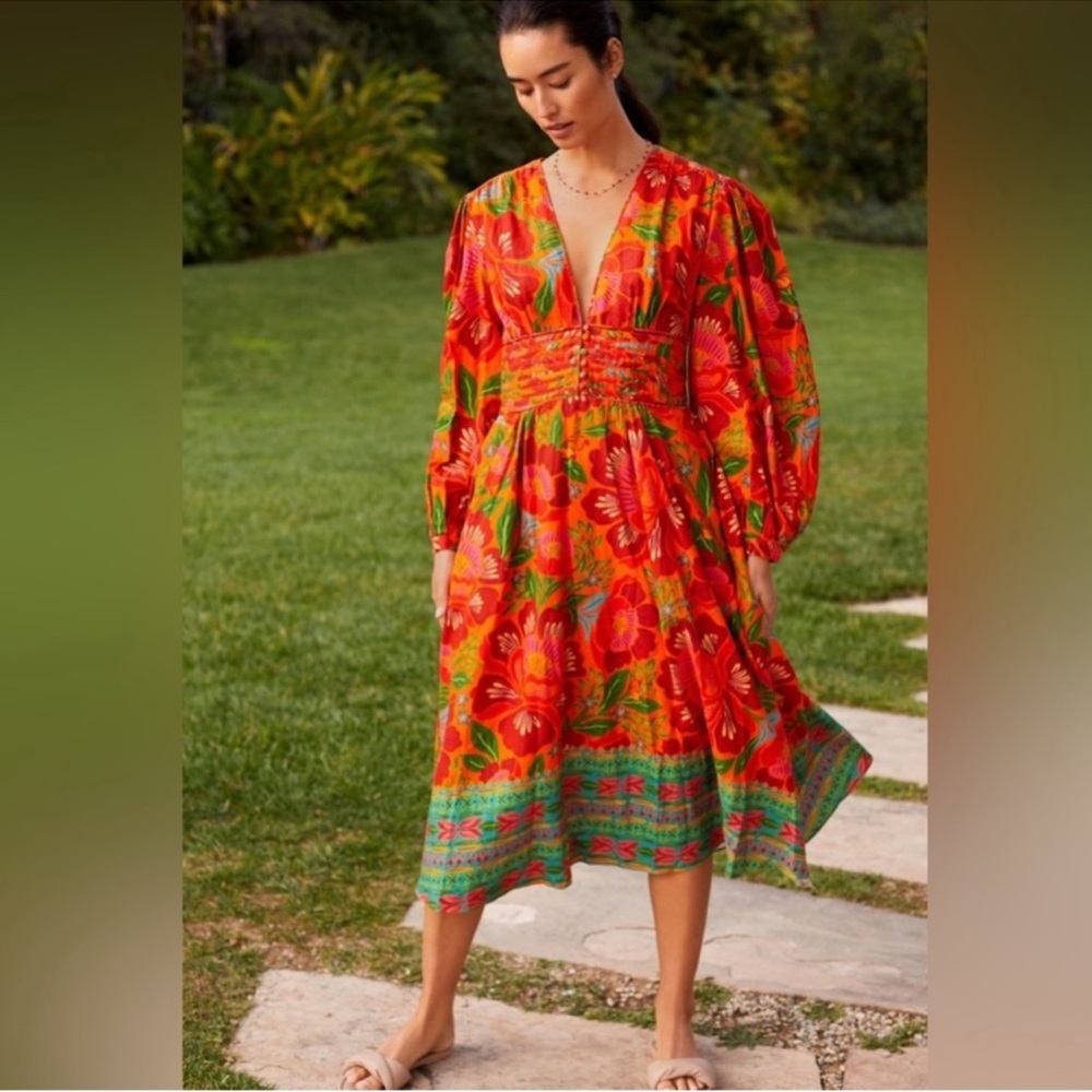 FARM Rio Red and Orange Asymmetrical Tiered Linen Sundress